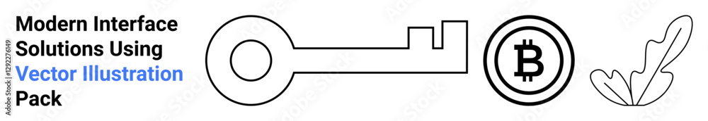Key symbolizing access, Bitcoin coin representing cryptocurrency, and leaf suggesting sustainability. Ideal for tech, finance, digital security, blockchain, innovation, eco-tech flat landing page