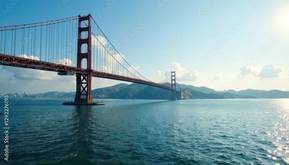 Naklejka premium Symmetrical suspension bridge spanning vast river, steel, engineering, vast