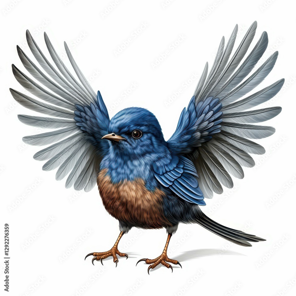 Fototapeta premium A delightful bluebird with its wings wide open, set against a crisp white backdrop, capturing natures beauty.