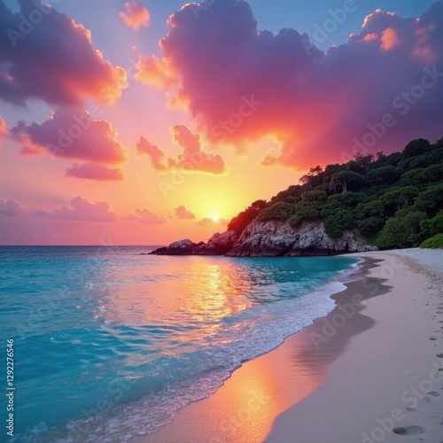 Vibrant sunset colors paint the sky over Anse Lazio's white sand , white sand beach, tropical, ocean