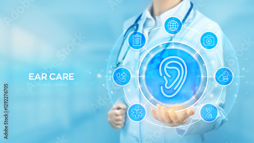 Otolaryngology. Ear Care. Diagnosis and treatment of hearing problems and deafness, audiology, hearing loss. Doctor holding in hand Nose icon and medical icons network connection. Vector illustration.