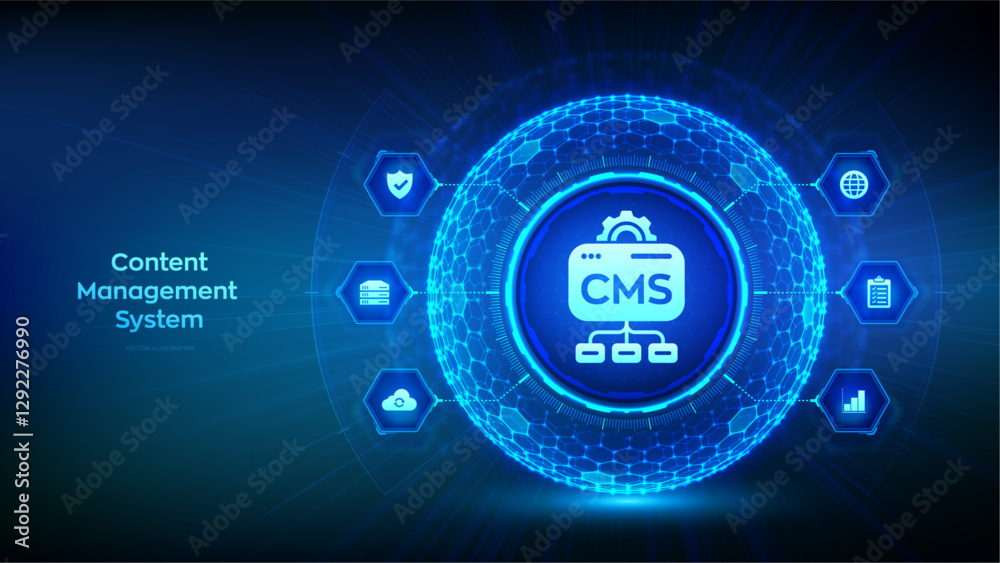 Obraz premium CMS. Content Management System concept. Website and document management, web development, and digital solutions. Data integration. 3D sphere with a hexagonal surface and CMS icon. Vector illustration.