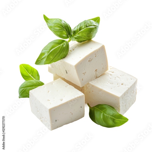 cheese blocks, fresh basil leaves, minimalist composition, isolated on white background