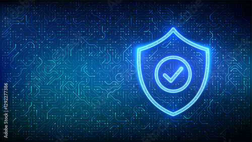 Security shield. Cyber security. Protection shield with Check mark icon. Cyber data protection. Information privacy idea. Circuit board pattern. PCB printed circuit texture. Vector illustration.
