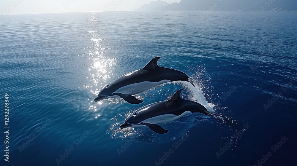 Naklejka premium Dolphins leap and playfully splash in the shimmering waters under the bright sun. The joyful display occurs near stunning coastal landscapes, showcasing their grace and agility