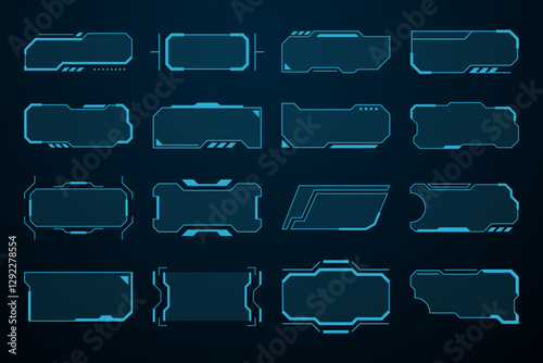 Futuristic HUD title frames with neon blue outlines on a dark background. Cyberpunk interfaces and gaming overlays