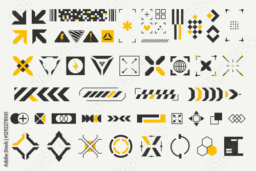 Futuristic sci fi UI elements in black and yellow. Cyberpunk themed interfaces, HUD overlays