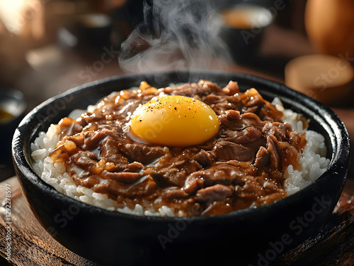 A steaming bowl of gyudon from a famous Japanese chain restaurant