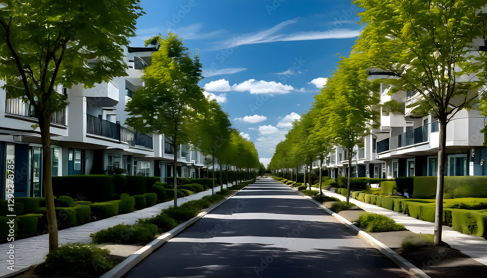 Wide asphalt road runs between modern apartment buildings. Green trees line both sides of road creating tranquil urban landscape. Bright sunlight illuminates scene creating warm summer day Wide asphalt road runs between modern apartment buildings. Green trees line both sides of road creating tranquil urban landscape. Bright sunlight illuminates scene creating warm summer day