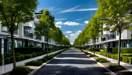 Wallpaper Mural Wide asphalt road runs between modern apartment buildings. Green trees line both sides of road creating tranquil urban landscape. Bright sunlight illuminates scene creating warm summer day  Torontodigital.ca