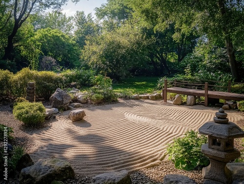 A peaceful Japanese-style zen garden with a sand path, stone walkway, miniature forest, and bonsai. A perfect place for meditation and relaxation amidst nature. photo