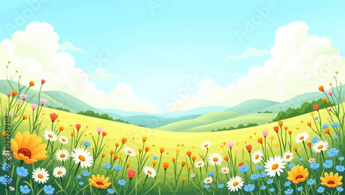 A picturesque field of golden wildflowers stretching across rolling green hills under a warm blue sky, creating a dreamy and peaceful landscape.