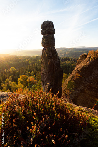 Pfaffenstein Barbaren Sandstein Felsen zum Sonnenaufgang im Nationalpark Sächsische Schweiz in Sachsen Deutschland  photo