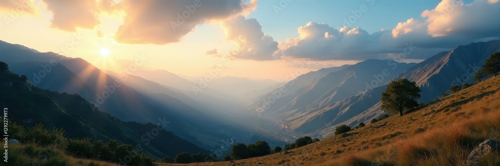 Naklejka premium Dramatic light, iconic valley vista, cloudless sky , horizon, geology
