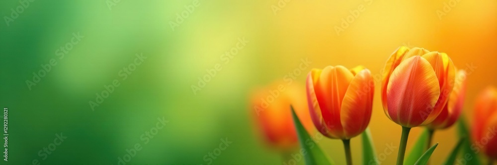 Obraz premium Orange tulips against a green and orange gradient background, floral, spring