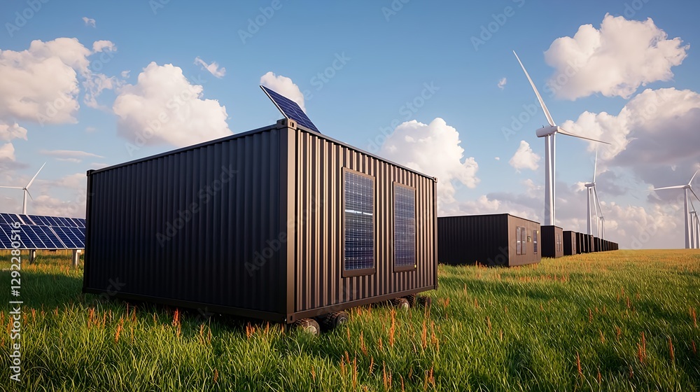 Obraz premium Modern-Eco-Friendly-Shipping-Container-Home-with-Solar-Panels-and-Wind-Turbines-in-a-Green-Field-Under-Blue-Sky