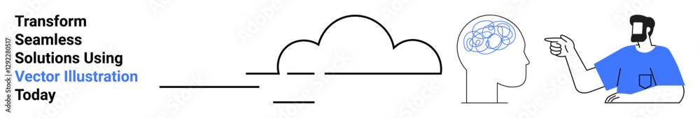 Person pointing to neural connections in a head silhouette next to a cloud. Ideal for innovation, cloud computing, brainstorming, creativity, tech visualization, self-improvement, flat landing page Person pointing to neural connections in a head silhouette next to a cloud. Ideal for innovation, cloud computing, brainstorming, creativity, tech visualization, self-improvement, flat landing page