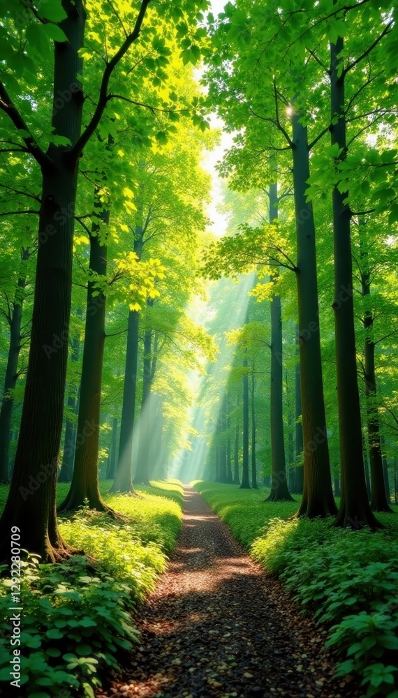 Fototapeta premium Sun-dappled beech forest, vibrant green canopy, backdrop, dappled