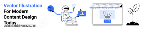 Robot with multiple arms handling tasks, including a digital shop and a growing plant. Ideal for technology, e-commerce, automation, innovation, multitasking, sustainability, flat landing page banner