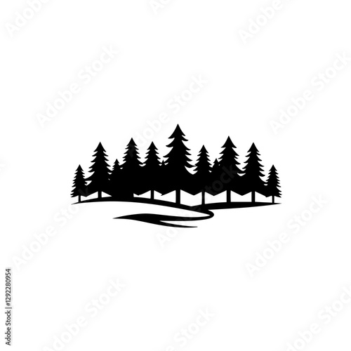 Black silhouette of coniferous trees against a white background, depicting a minimalist and naturalistic landscape with simplified shapes.
