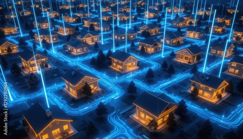 Houses Connected by Digital Network Forming Smart City Concept