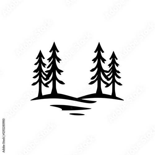 Minimalist Black and White Forest Landscape: Silhouetted Pines on a Grassy Knoll with a Pond, evoking a sense of serenity and solitude.