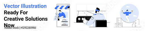 Online shop offering creative solutions, engineer working, person balancing on a rope. Ideal for e-commerce, technology, innovation, teamwork, professional services, problem-solving flat landing
