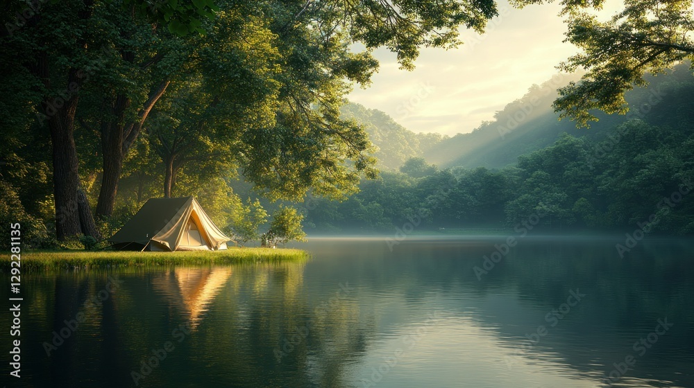 Fototapeta premium Serene campsite by a lake at dawn in a forest