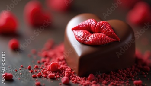 Close-up of red lipstick kiss mark on heart shaped chocolate , seduction, heart
