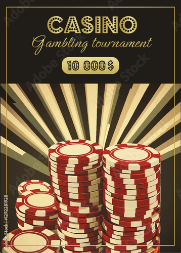 Night gambling tournament flyer template or design with chips on green background, casino; night; chips; poker; cards; roulette