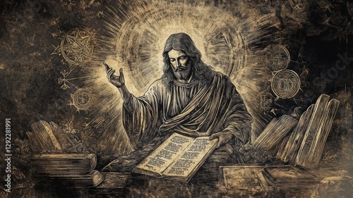 A religious figure sits in a serene environment, holding an ancient scripture while gesturing gracefully. The soft light around exudes a calming, spiritual ambiance, inviting deep reflection