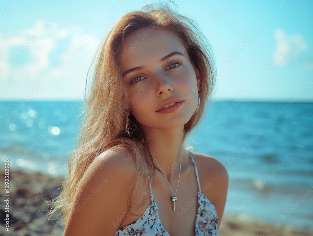 Stunning young woman posing on beach at sunset wearing a floral swimsuit with sunglasses. Natural beauty and serene summer setting. Stunning young woman posing on beach at sunset wearing a floral swimsuit with sunglasses. Natural beauty and serene summer setting.