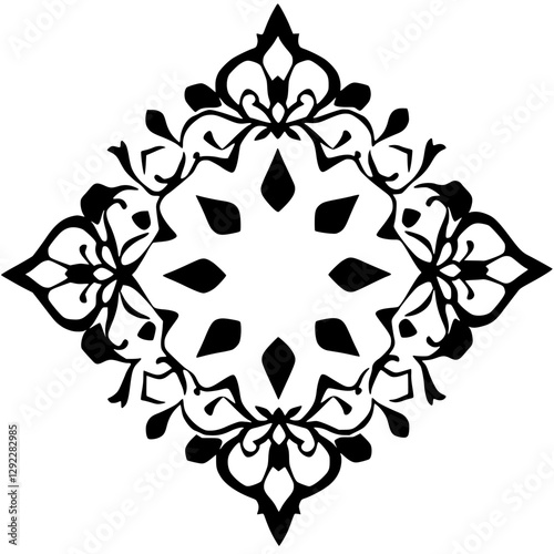 Ornate black-and-white illustration featuring symmetrical design, floral motifs, and a central star-shaped pattern.