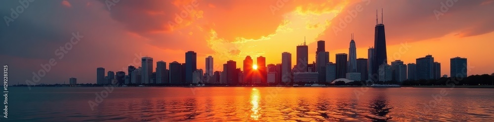 Fototapeta premium Golden hour cityscape, Chicago skyscrapers reflecting sunset , sunset, sun