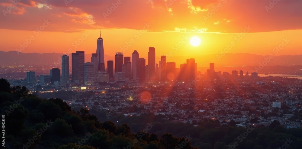 Fototapeta premium Golden hour bathes LA skyline in warm light, panoramic view , night, evening