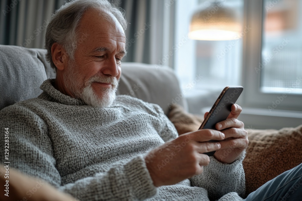 Smiling man in sweater looking at smartphone while relaxing on couch. Smiling man in sweater looking at smartphone while relaxing on couch.
