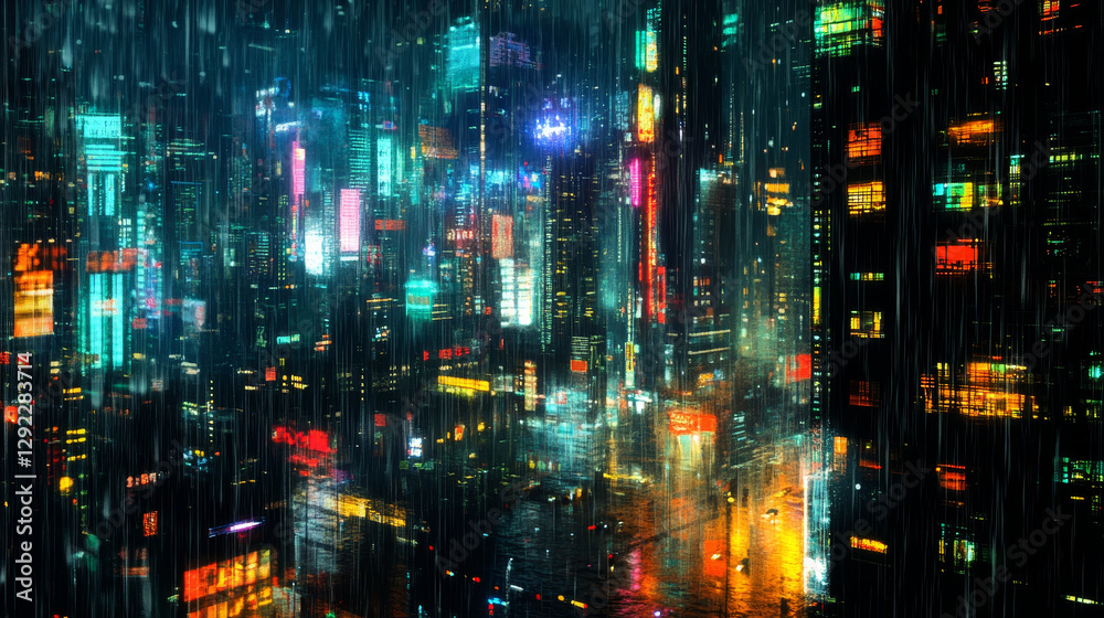 Rainy weather in night city street with neon lights. Vector cartoon illustration of rainfall in modern megalopolis with shops, apartment buildings. Windows of skyscrapers glowing in different colors