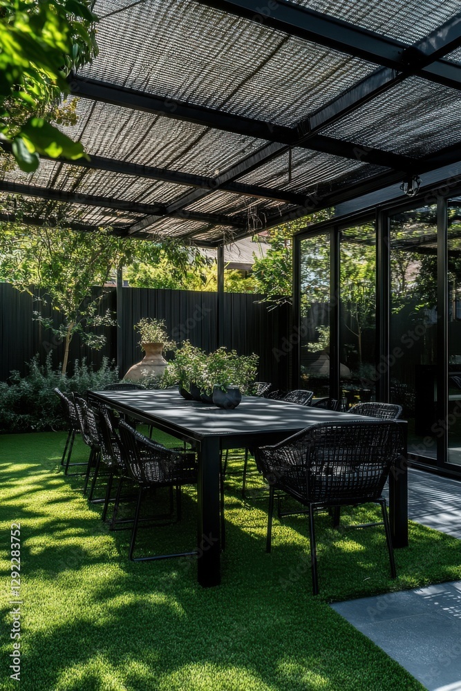 Naklejka premium Modern outdoor dining area featuring black table and chairs surrounded by lush green landscaping in a serene setting during daytime