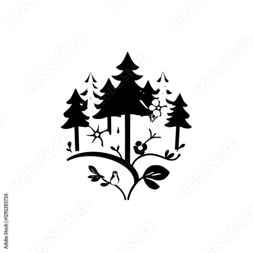 Enchanting landscape illustration with trees, flowers and enviroment .