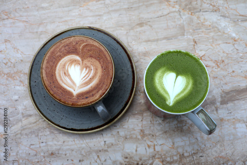 cappuccino and matcha latte art photo