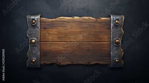 Fototapeta Naklejka Na Ścianę i Meble -  Medieval ui game wooden button with metal frame sprite for animation. Fantasy rpg title sign design on dark background. Isolated royal interface banner element assets. Ancient scratched wood bar icon
