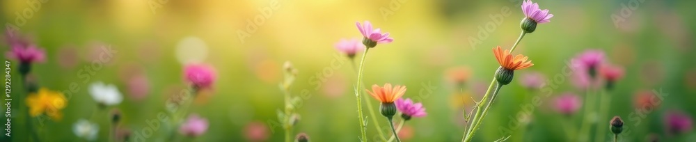 Close-up of delicate wildflowers, soft focus background , detail, green Close-up of delicate wildflowers, soft focus background , detail, green