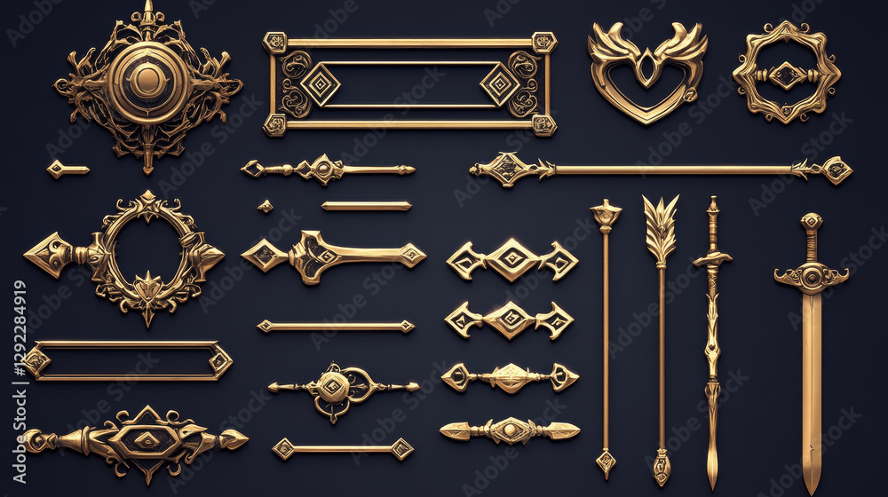 Fototapeta premium Game UI elements with gold frames in medieval style. Buttons, banners different shapes, progress bar, arrows and sliders with fantasy metal border, vector cartoon set