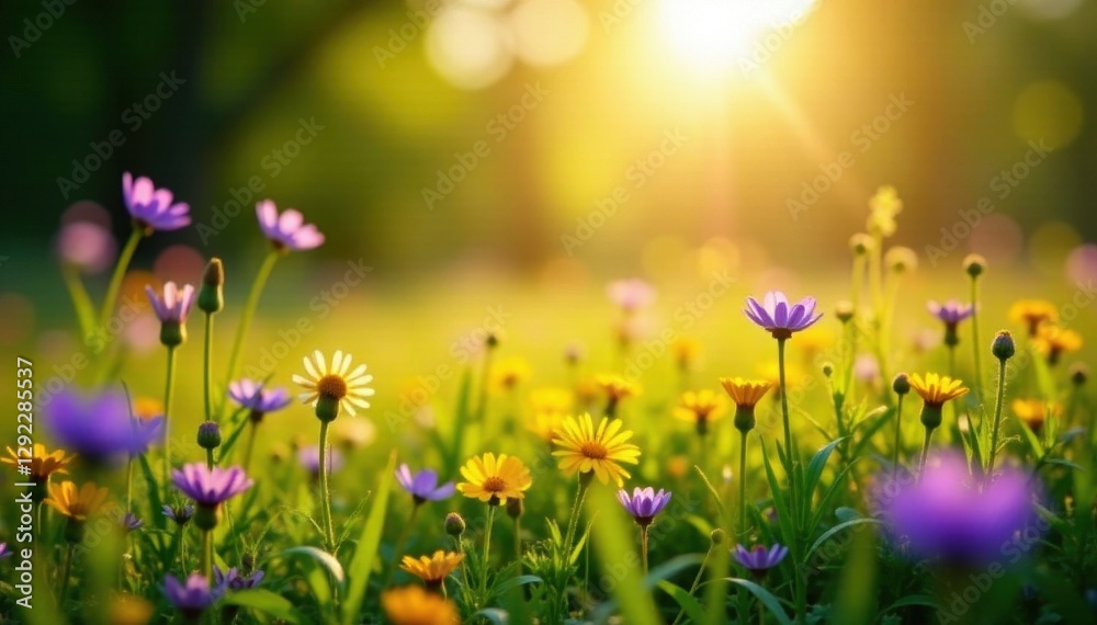 Fototapeta premium Sunlit meadow, vibrant purple & yellow wildflowers blooming , nature, bloom