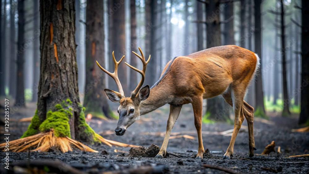 A deer wandering through a blackened forest, searching for food