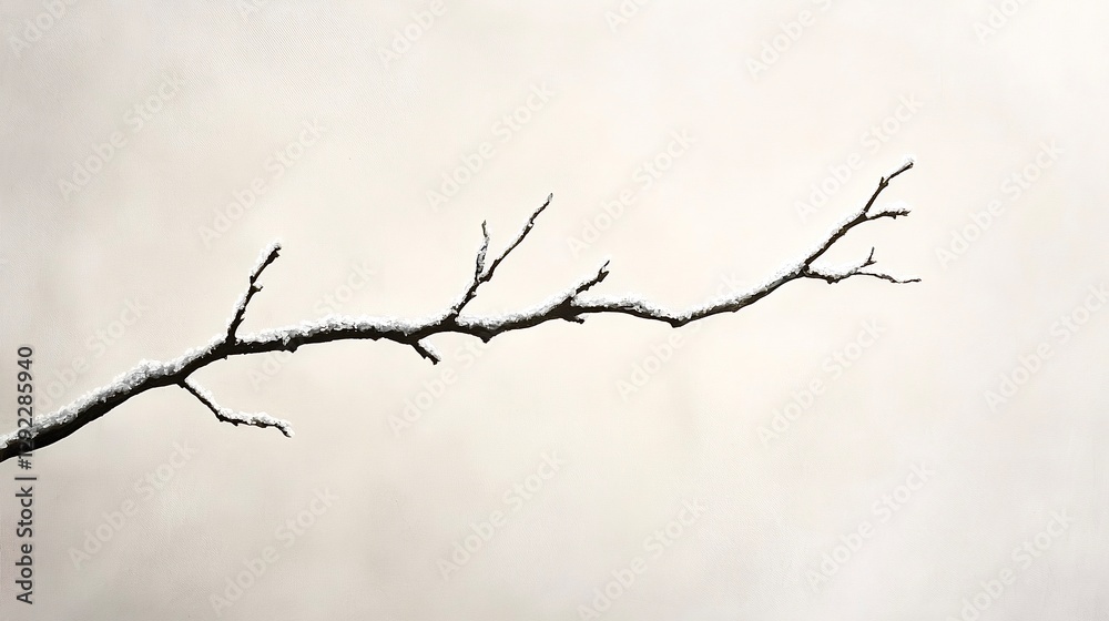 Bare branch covered with snow against a white background Bare branch covered with snow against a white background
