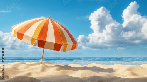 Colorful striped beach umbrella enhances sunny beach day by the ocean waves and soft sand under a bright blue sky