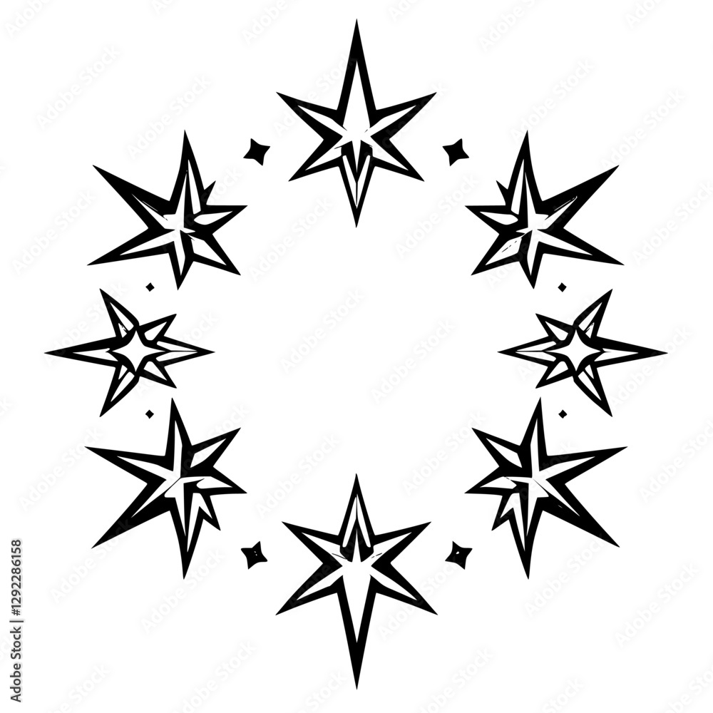 Black and white circle of stars with small turquoise dot. Black and white circle of stars with small turquoise dot.