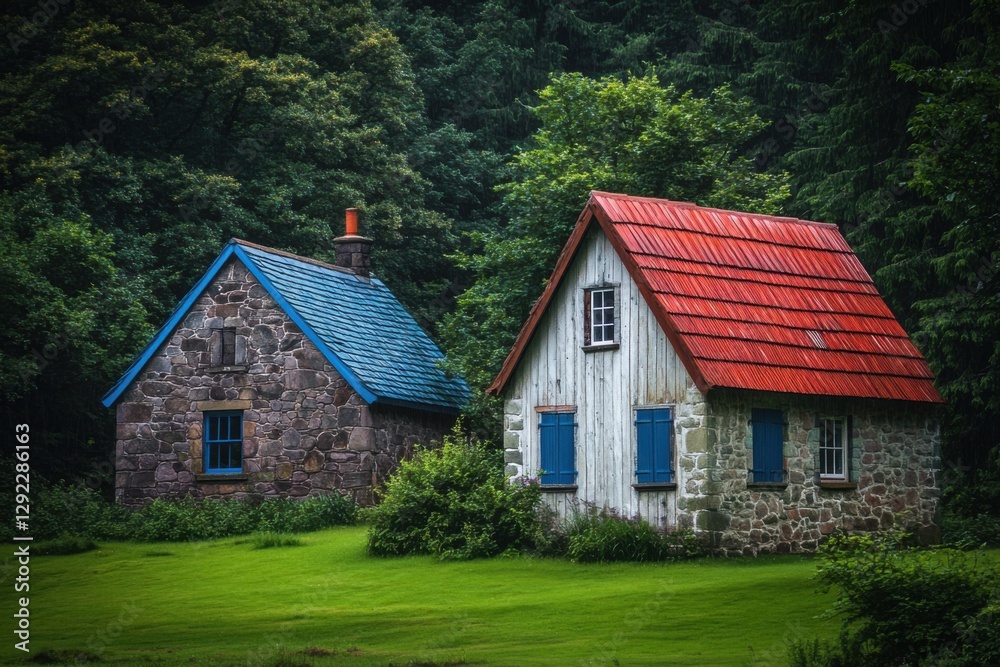 Obraz premium Two charming houses with colorful roofs nestled in a lush green forest, creating a picturesque scene of tranquility and nature