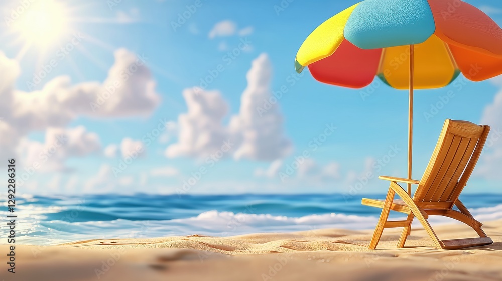 Peaceful beach with an empty wooden deck and colorful umbrella under bright sunlight Peaceful beach with an empty wooden deck and colorful umbrella under bright sunlight